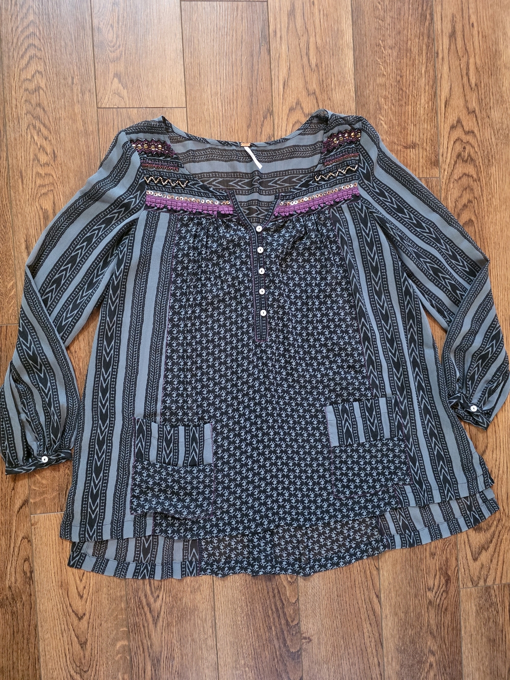 Free People Striped & Printed Boho Tunic with Purple Embroidery